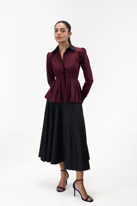 Joy Black poplin parachute midi skirt by Mazikien, styled with the Remy shirt, front view