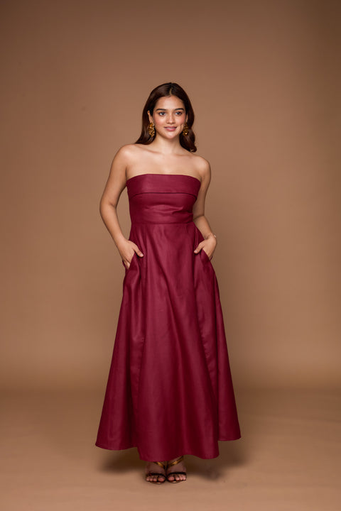 Iris Maroon strapless a-line maxi gown by Mazikien, front view