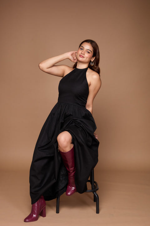 Lily Black halter-neck maxi gown by Mazikien, front view