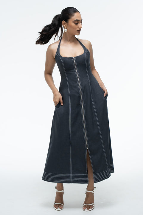 Becca Slate Grey halter neck zip-front midi dress by Mazikien, front view