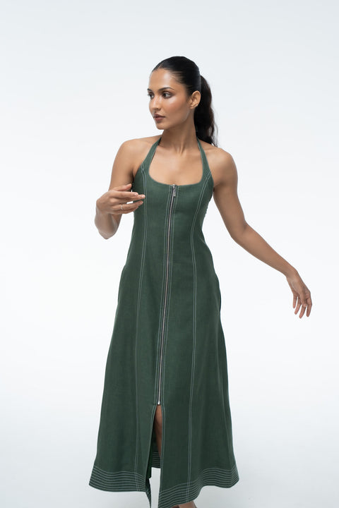 Becca Green halter neck zip-front midi dress by Mazikien, front view