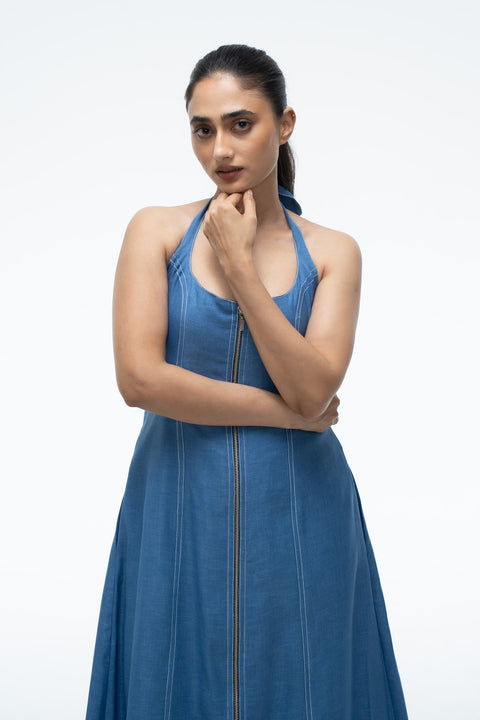 Becca Blue denim halter neck midi dress by Mazikien, front view