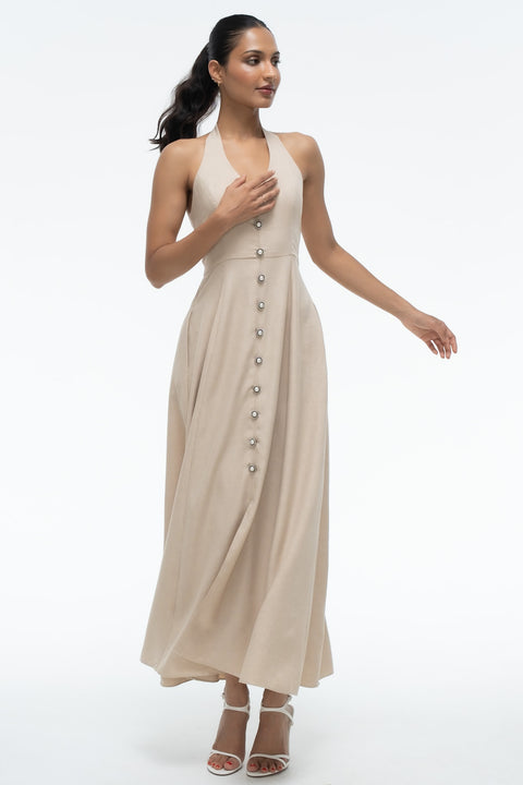 Aston Beige halter neck button-front maxi dress by Mazikien, front view