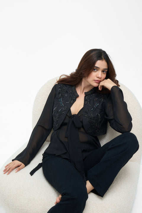 Gaia Black embroidered sheer-sleeve bolero jacket by Mazikien, front view