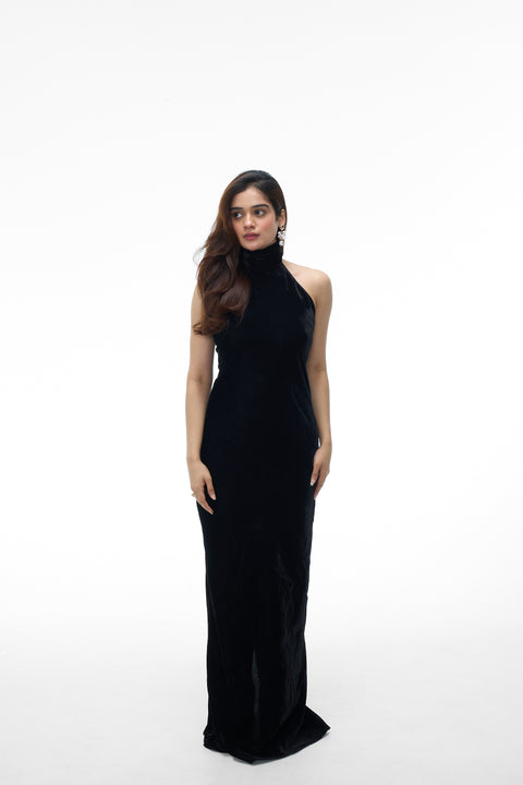 Laura Black velvet halter neck gown by Mazikien, front view
