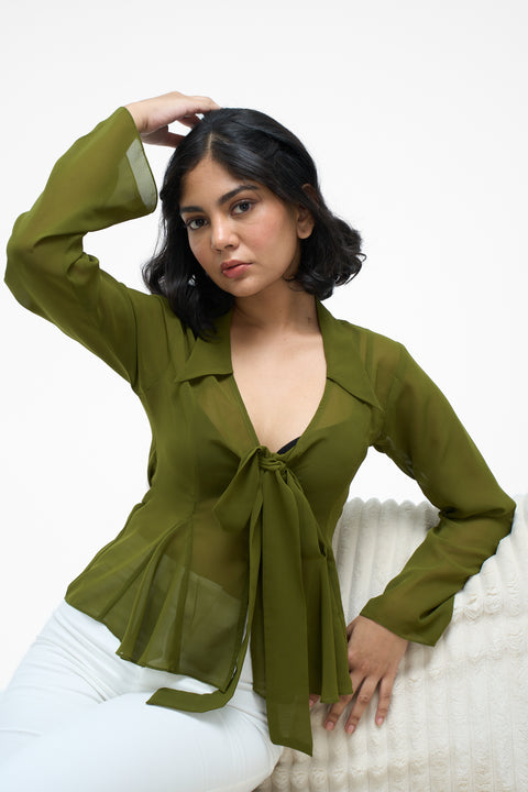 Sophia Olive sheer georgette tie-front blouse by Mazikien, front view