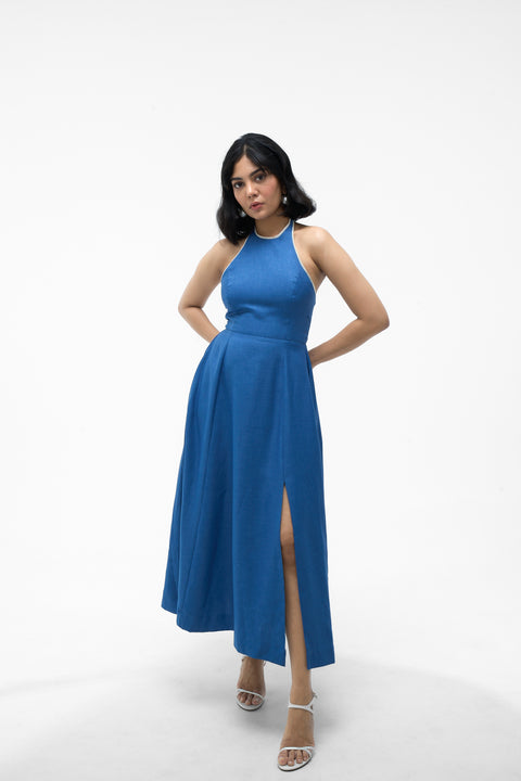 Siena Blue & White contrast trim halter midi dress by Mazikien, front view