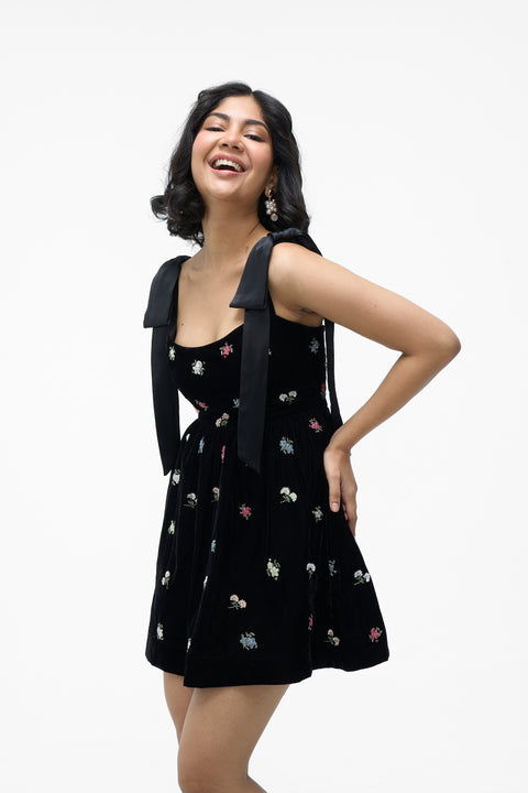 Jackie Black floral embroidered velvet tie-shoulder mini dress by Mazikien, front view