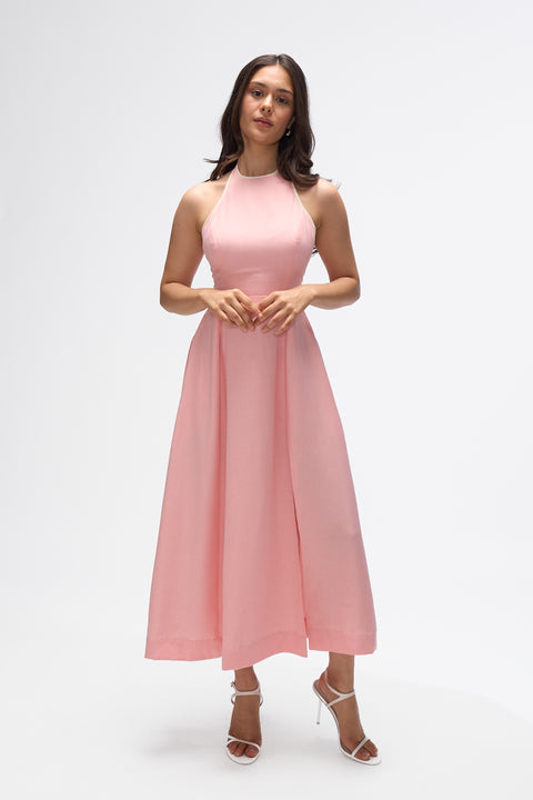 Siena Peach & White contrast trim halter midi dress by Mazikien, front view