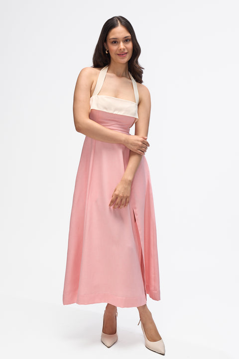 Juno Peach & White contrast bib halter midi dress by Mazikien, front view