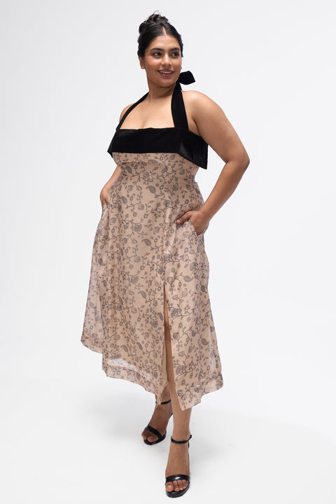 Ash Beige velvet-trim halter midi dress by Mazikien, front view