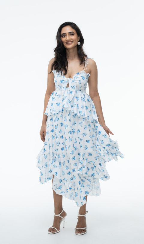 Tulip Blue & White Floral floral tiered asymmetrical midi dress by Mazikien, front view