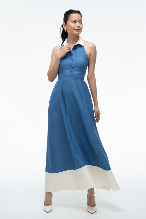 Piper Blue & White color-blocked collared halter maxi dress by Mazikien, front view