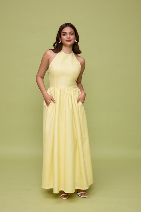 Lily Lemon Yellow halter-neck maxi gown by Mazikien, front view