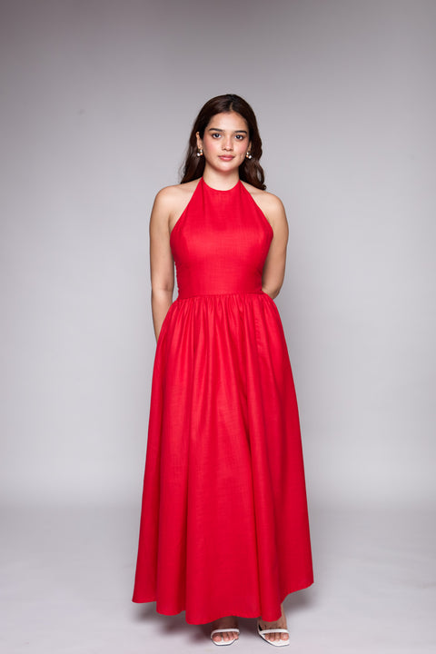 Lily Red halter-neck maxi gown by Mazikien, front view