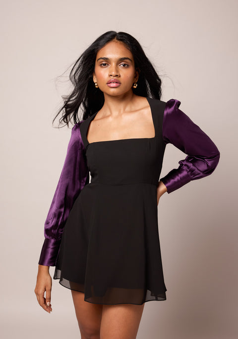 Dannie Black mixed-media fit-and-flare mini dress by Mazikien, front view