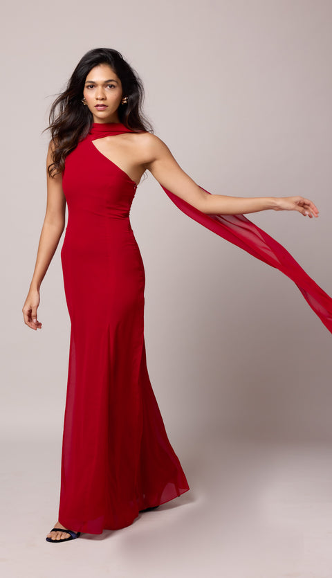 Rossi Red gown with attached scarf by Mazikien, front view