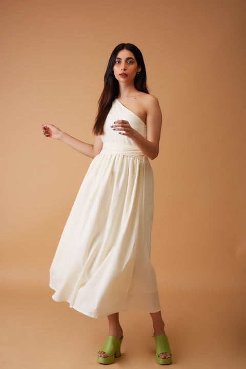 Levi Off-White one-shoulder midi dress by Mazikien, front view