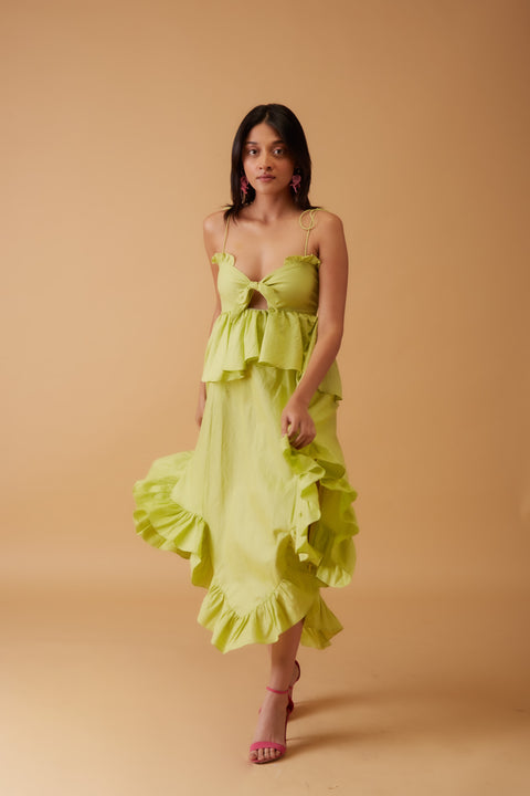 Tulip Green tiered ruffle dress by Mazikien, front view