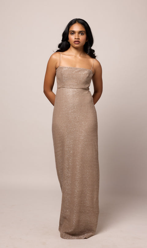Rachel Champagne sequin column evening gown by Mazikien, front view