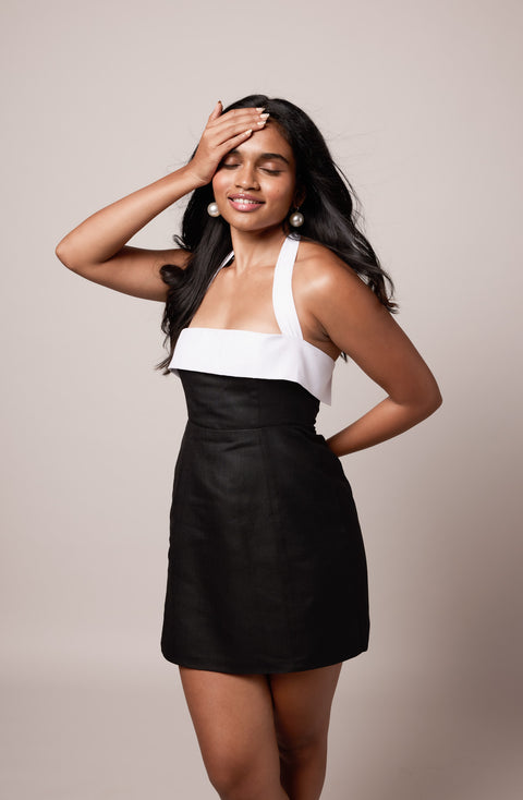 Enza Black color-blocked halter mini dress by Mazikien, front view