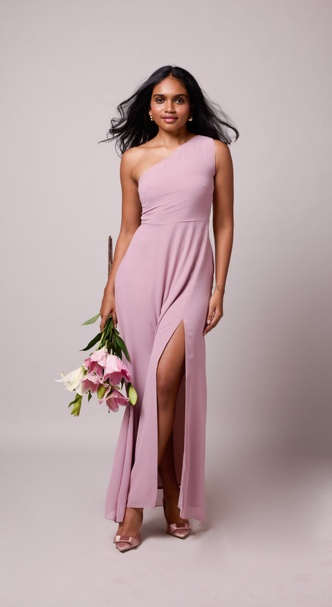 Colette Mauve one-shoulder maxi gown with slit by Mazikien, front view
