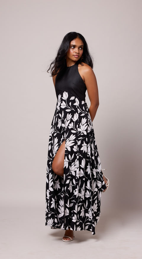 Rumi Black & White halter-neck maxi dress with slit by Mazikien, front view