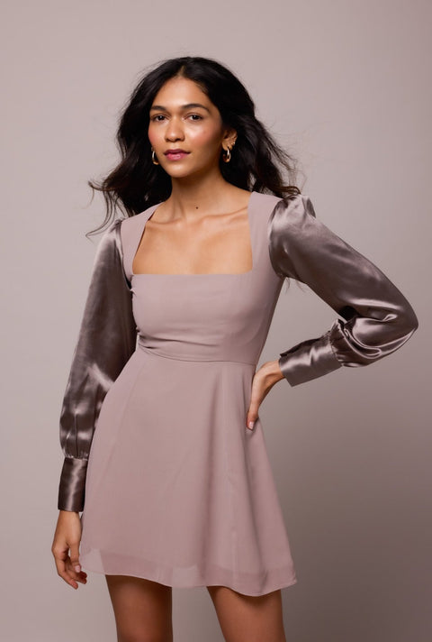 Dannie Mauve & Metallic Taupe mixed-media fit-and-flare mini dress by Mazikien, front view