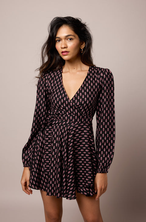 Emmy long-sleeve wrap mini dress by Mazikien, front view