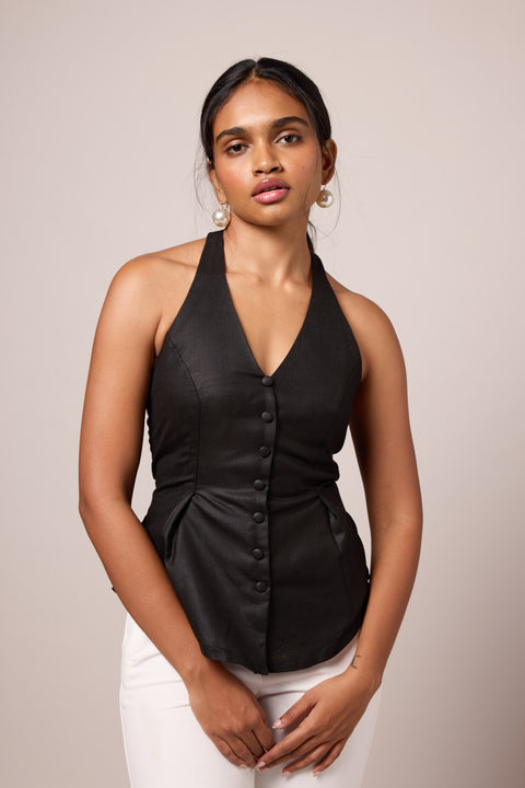 Junnie Black button-front halter top with peplum hem by Mazikien, front view