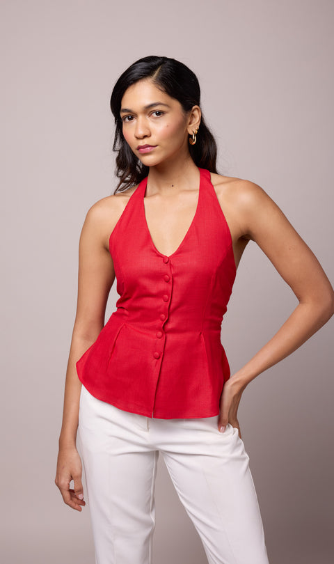 Junnie Red button-front halter top with peplum hem by Mazikien, front view