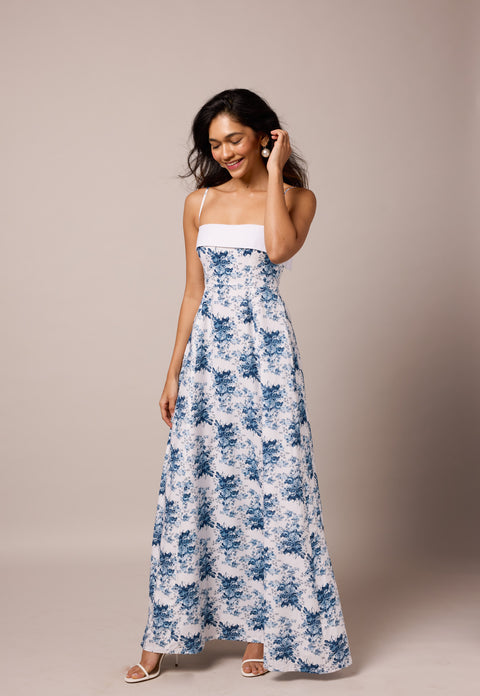 Thea Blue convertible strapless/spaghetti strap floral maxi dress by Mazikien, front view