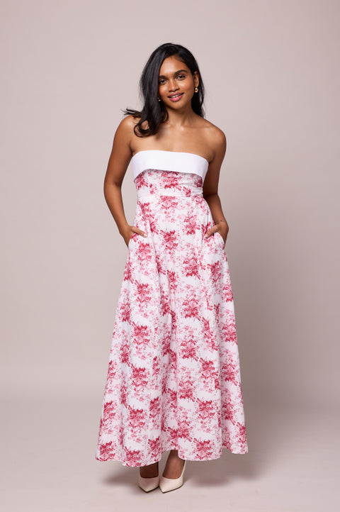 Thea Red strapless floral maxi dress by Mazikien, front view