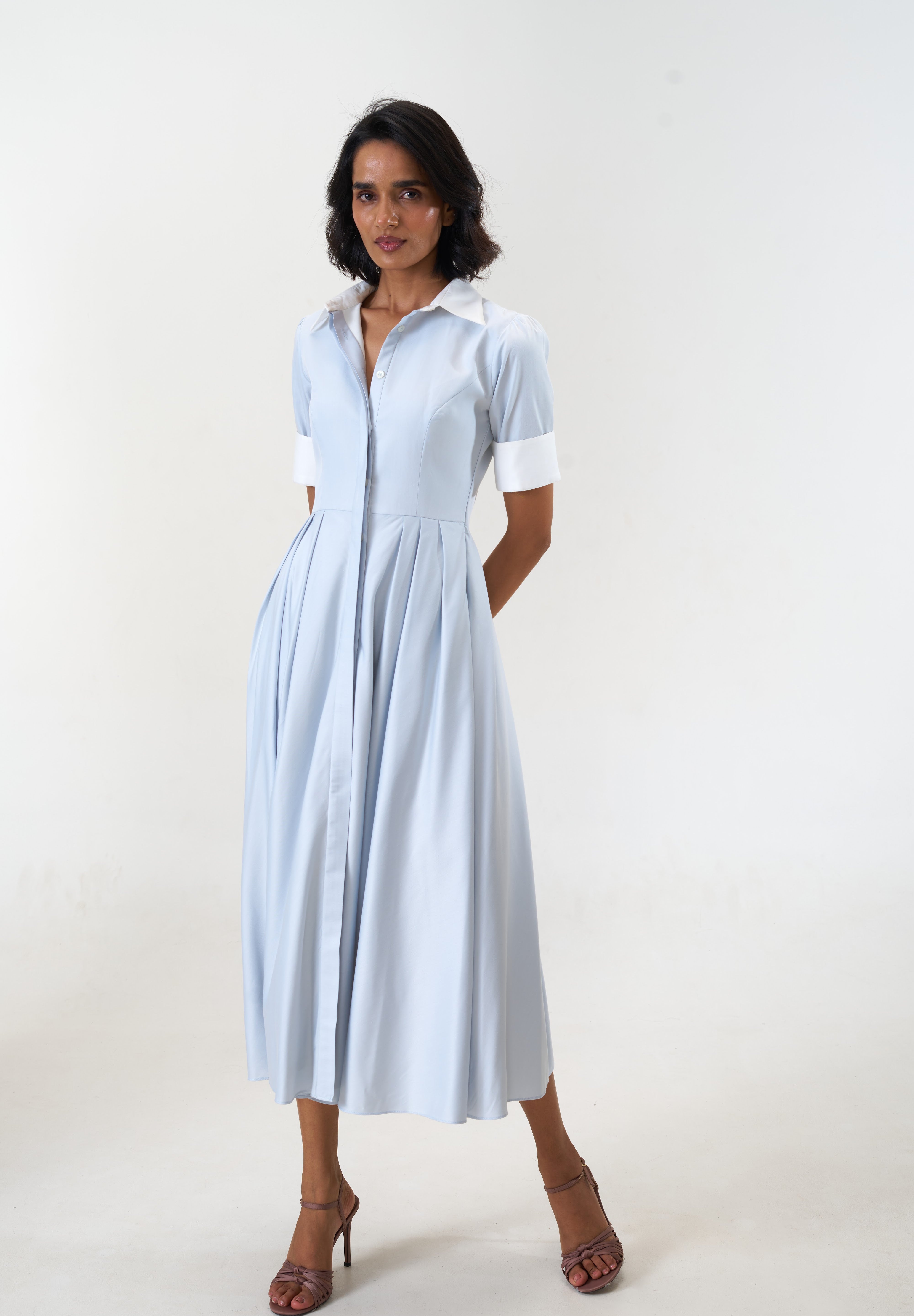 Stella Bluish Grey poplin midi shirt dress by Mazikien, view 2