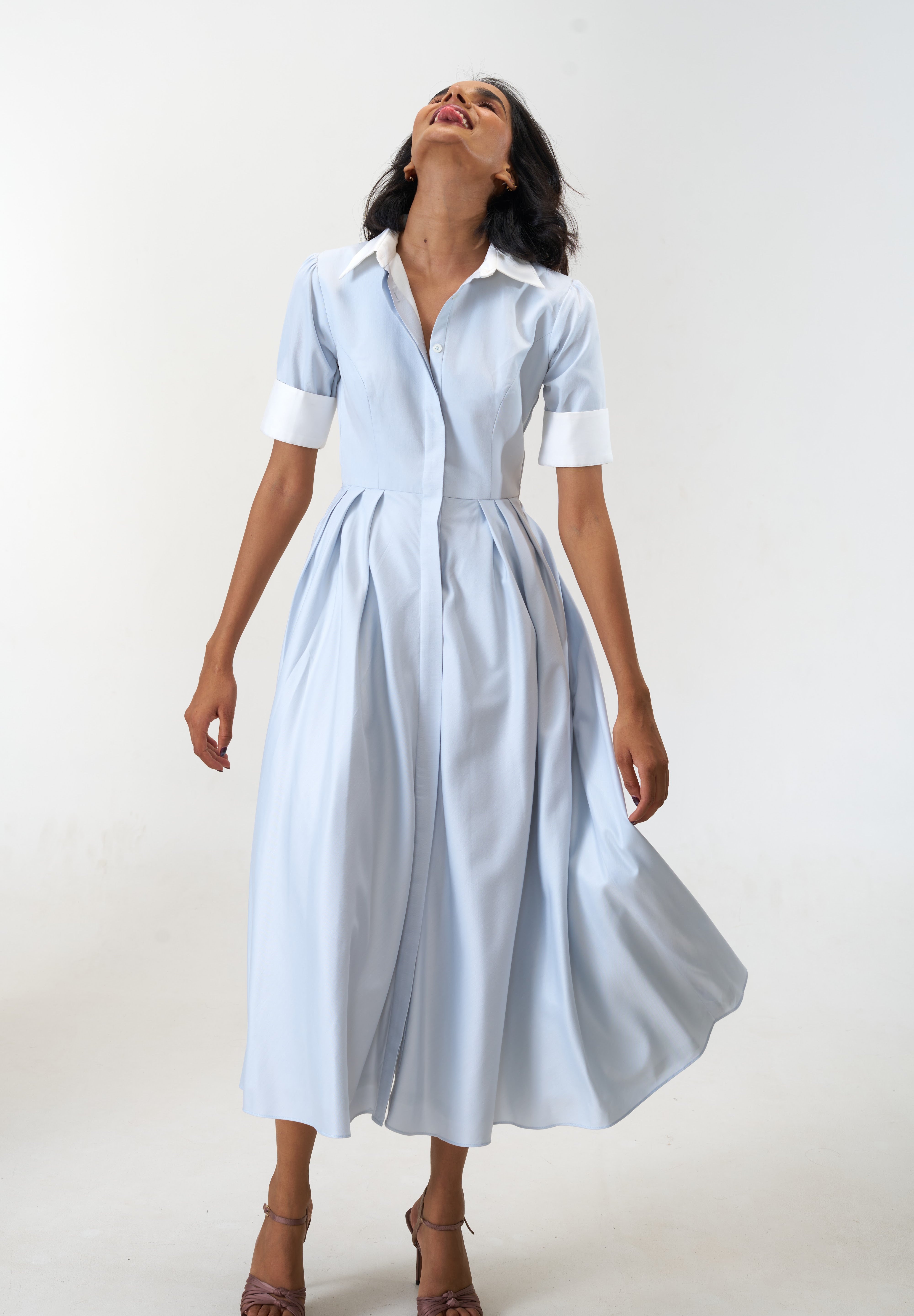 Stella Bluish Grey poplin midi shirt dress by Mazikien, view 6