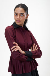 Remy Maroon peplum poplin shirt with contrast collar by Mazikien, view 8