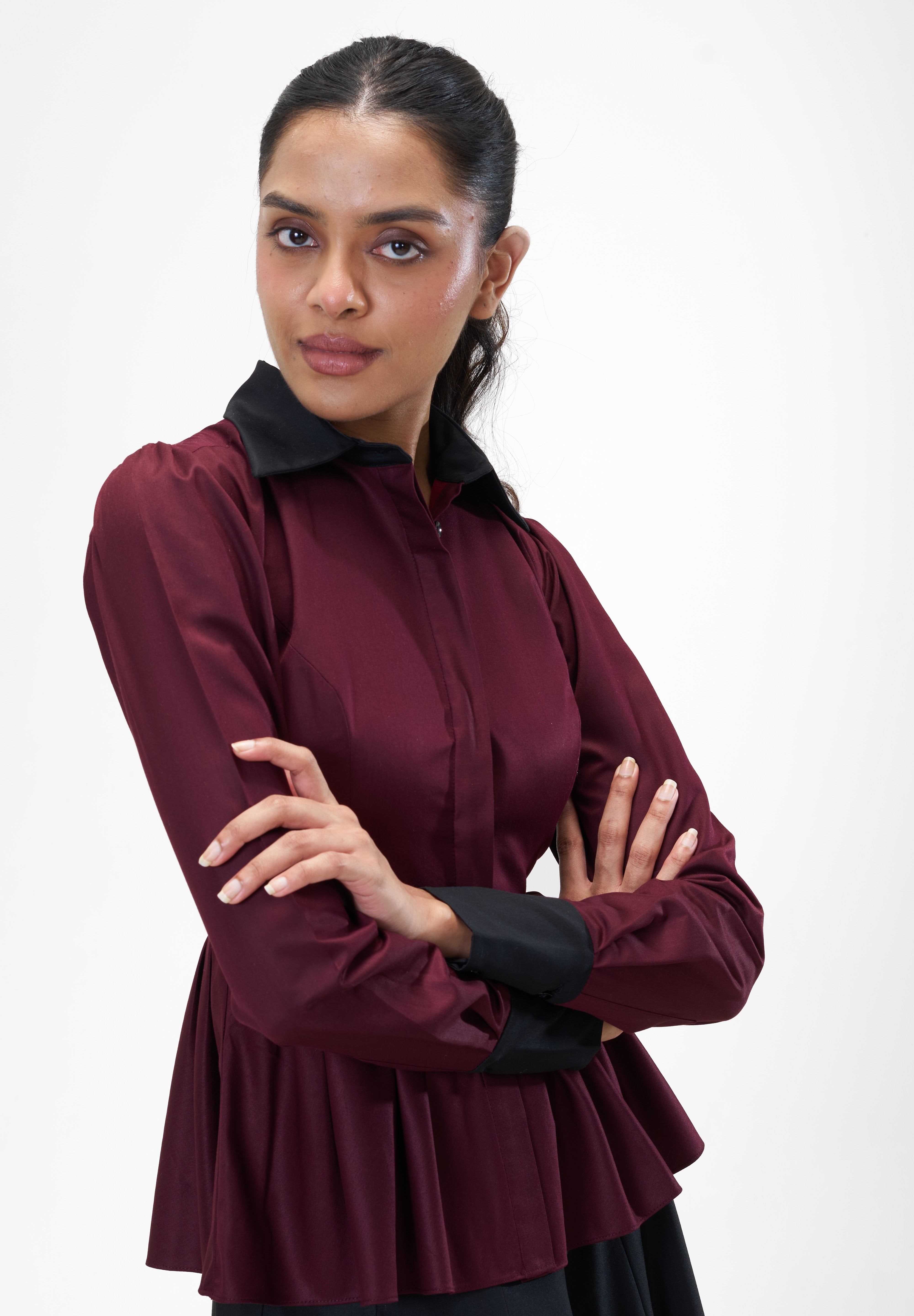 Remy Maroon peplum poplin shirt with contrast collar by Mazikien, view 8