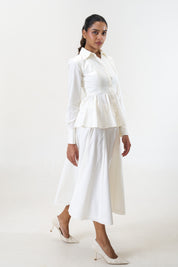 Remy White peplum poplin shirt by Mazikien, front view