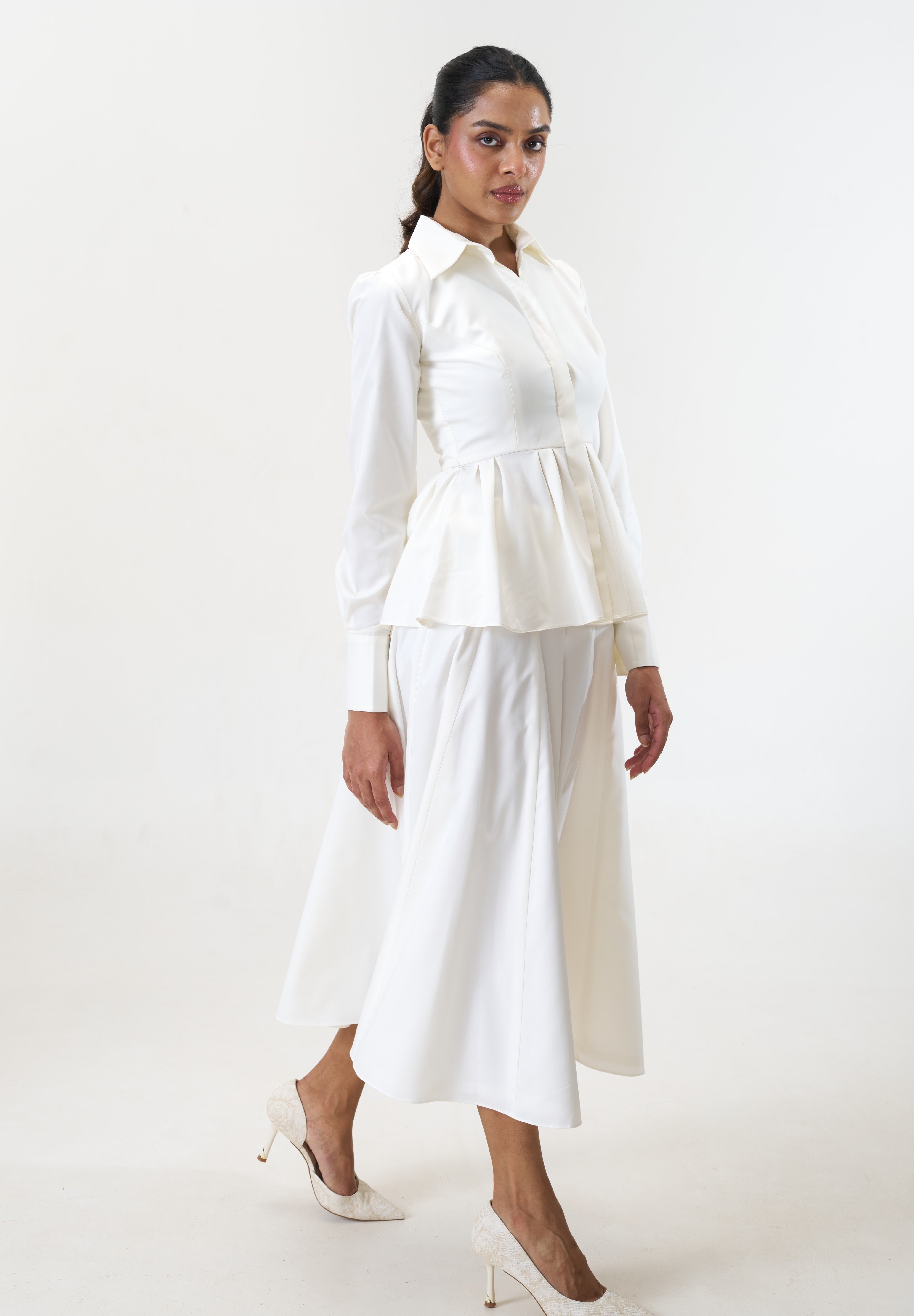 Remy White peplum poplin shirt by Mazikien, front view