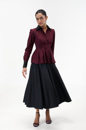 Remy Maroon peplum poplin shirt with contrast collar by Mazikien, view 3