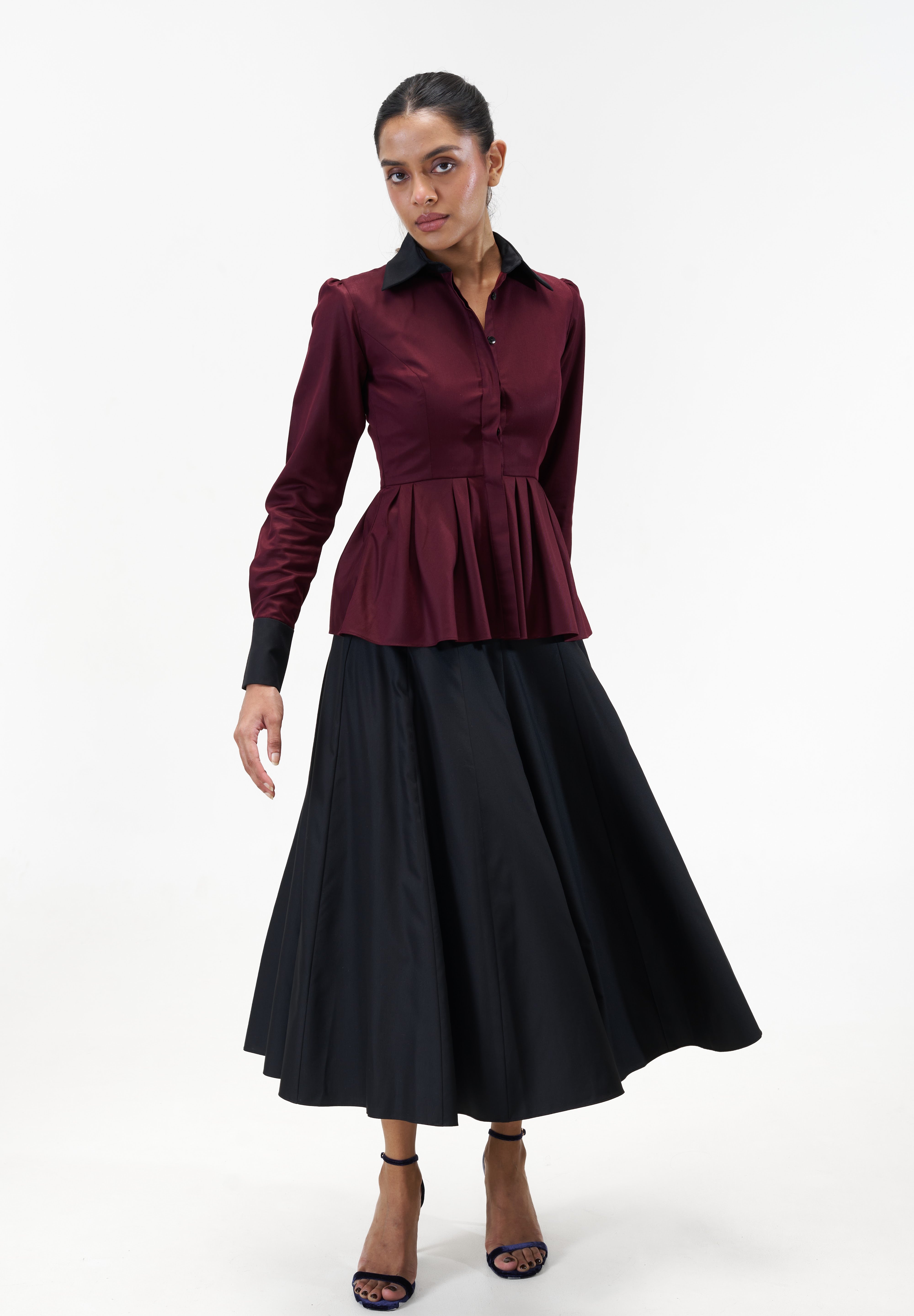 Remy Maroon peplum poplin shirt with contrast collar by Mazikien, view 3