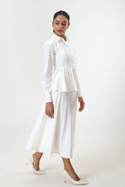 Joy White poplin parachute midi skirt by Mazikien, styled with the Remy shirt, view 2