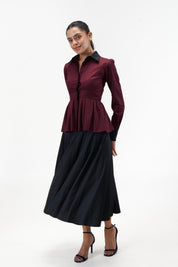 Remy Maroon peplum poplin shirt with contrast collar by Mazikien, view 4