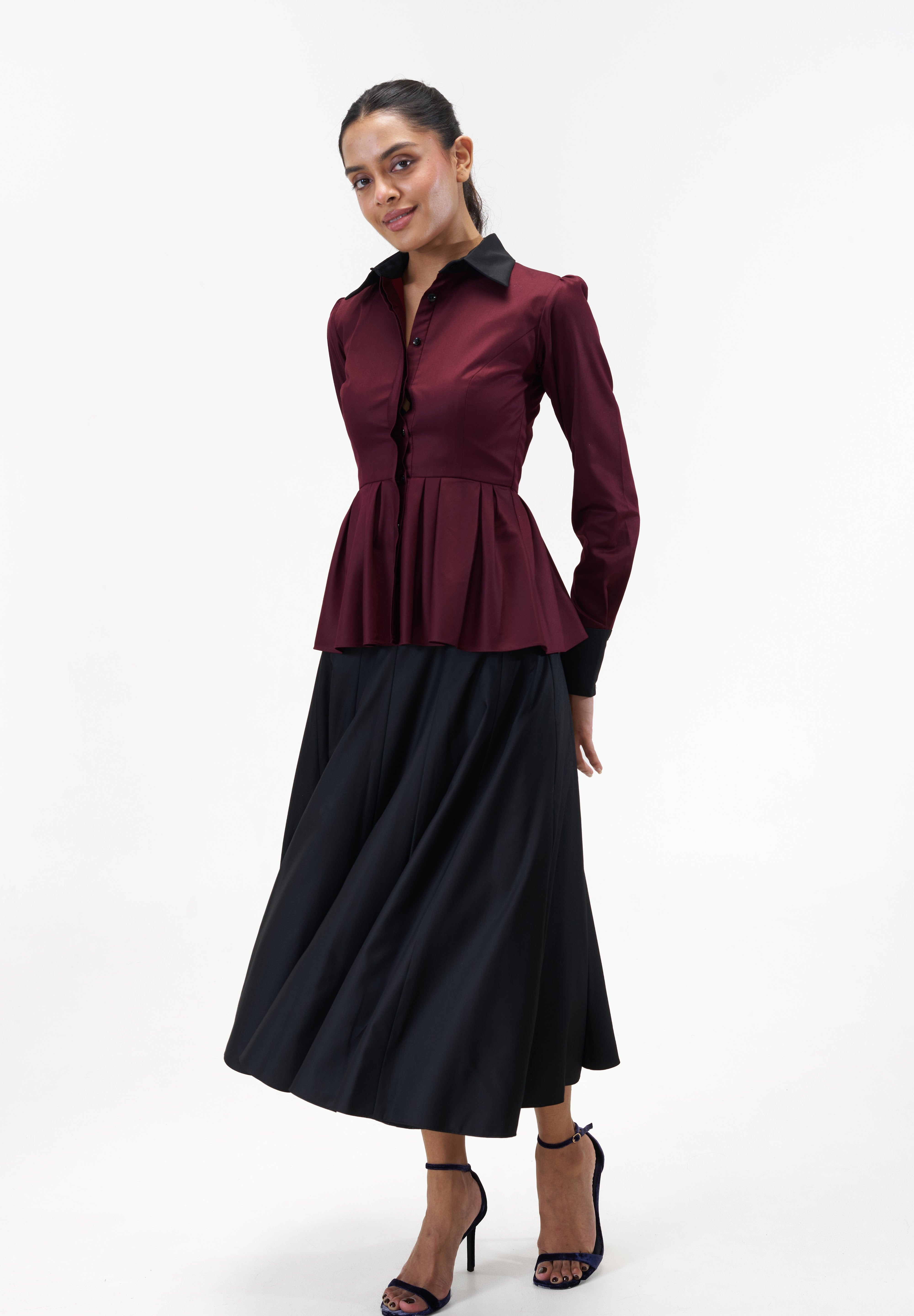 Remy Maroon peplum poplin shirt with contrast collar by Mazikien, view 4