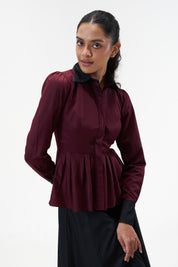Remy Maroon peplum poplin shirt with contrast collar by Mazikien, view 5