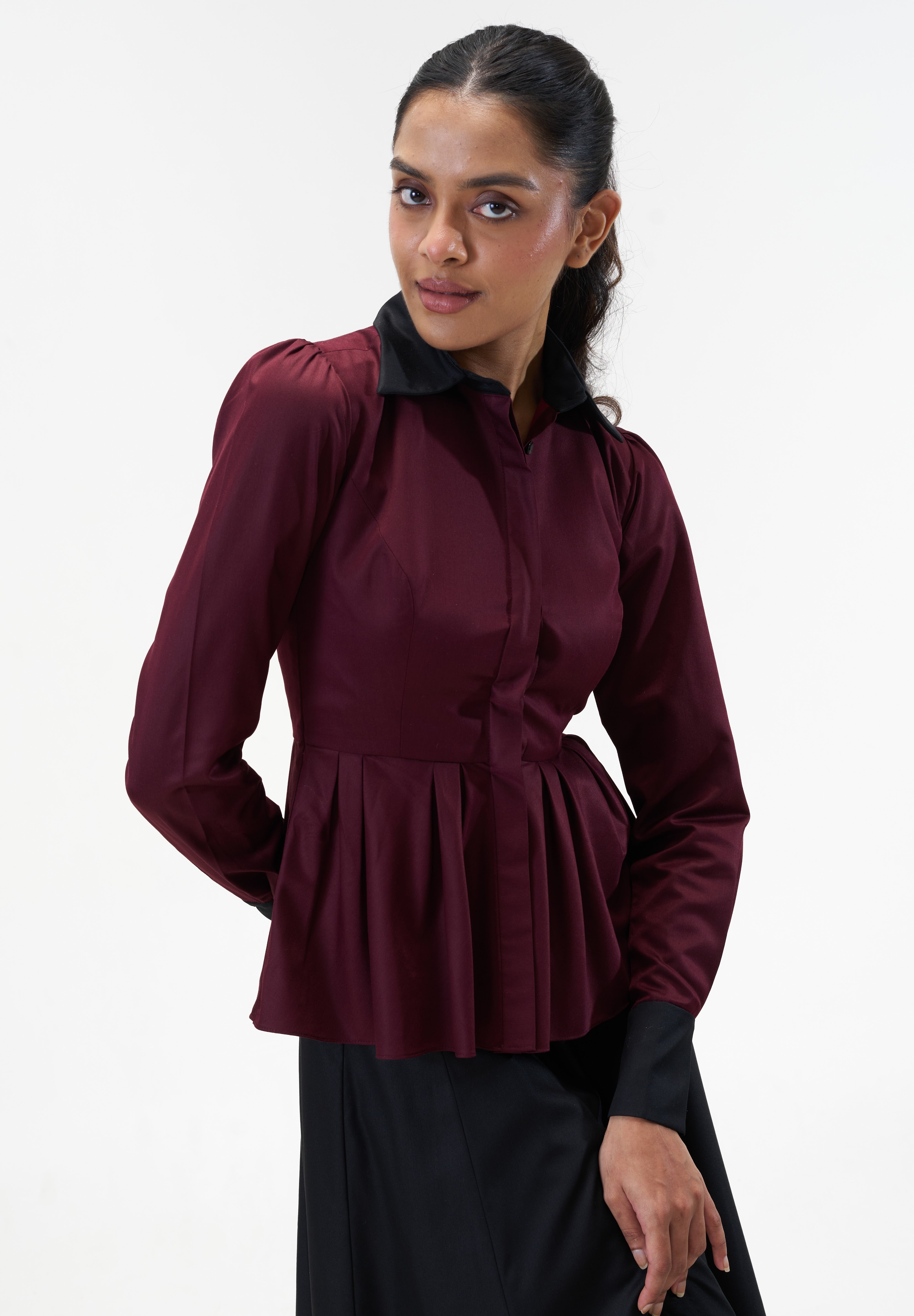 Remy Maroon peplum poplin shirt with contrast collar by Mazikien, view 5