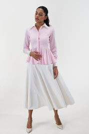Joy White poplin parachute midi skirt by Mazikien, styled with the Remy shirt, view 6