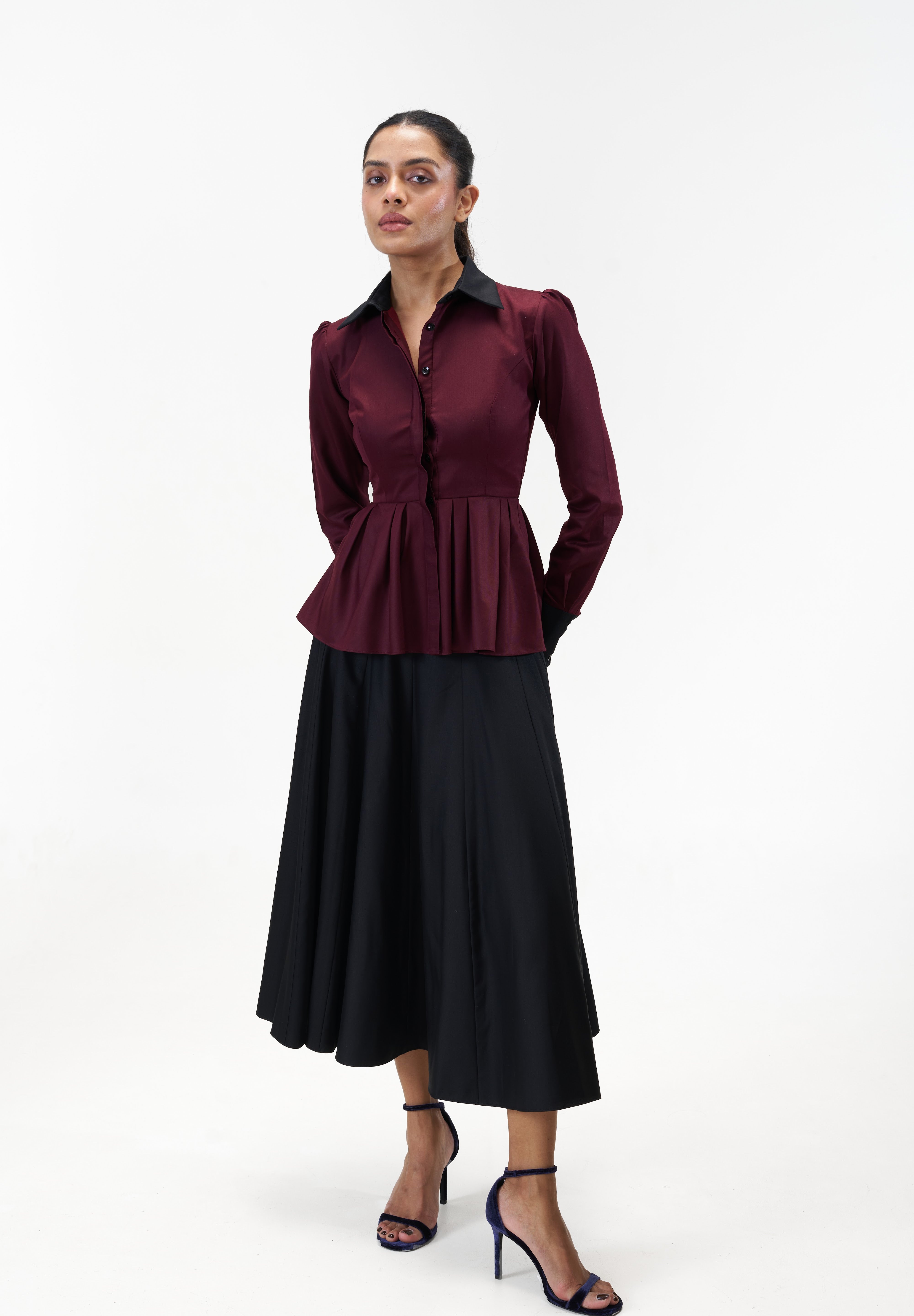 Remy Maroon peplum poplin shirt with contrast collar by Mazikien, front view