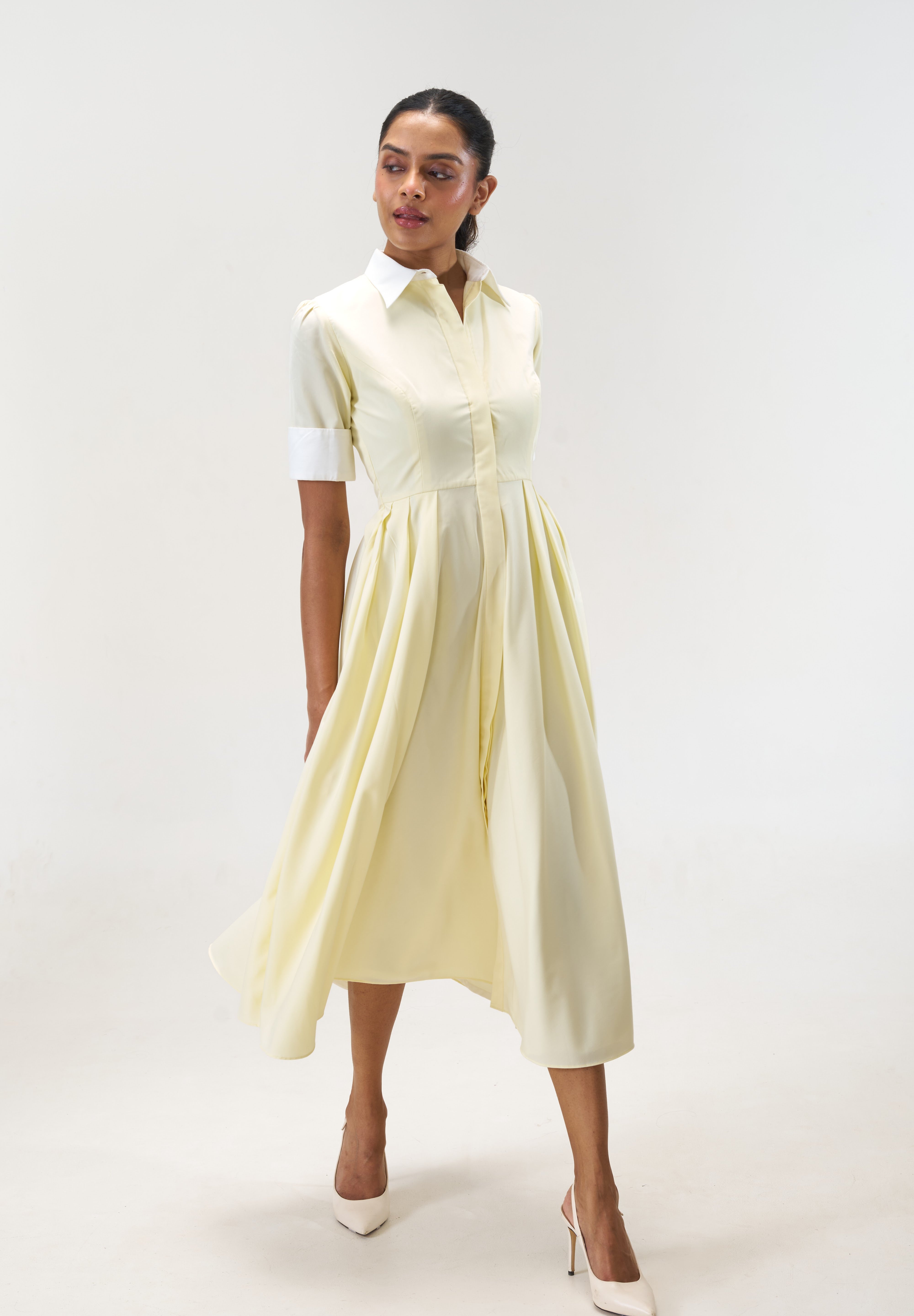Stella Butter Yellow poplin midi shirt dress by Mazikien, front view