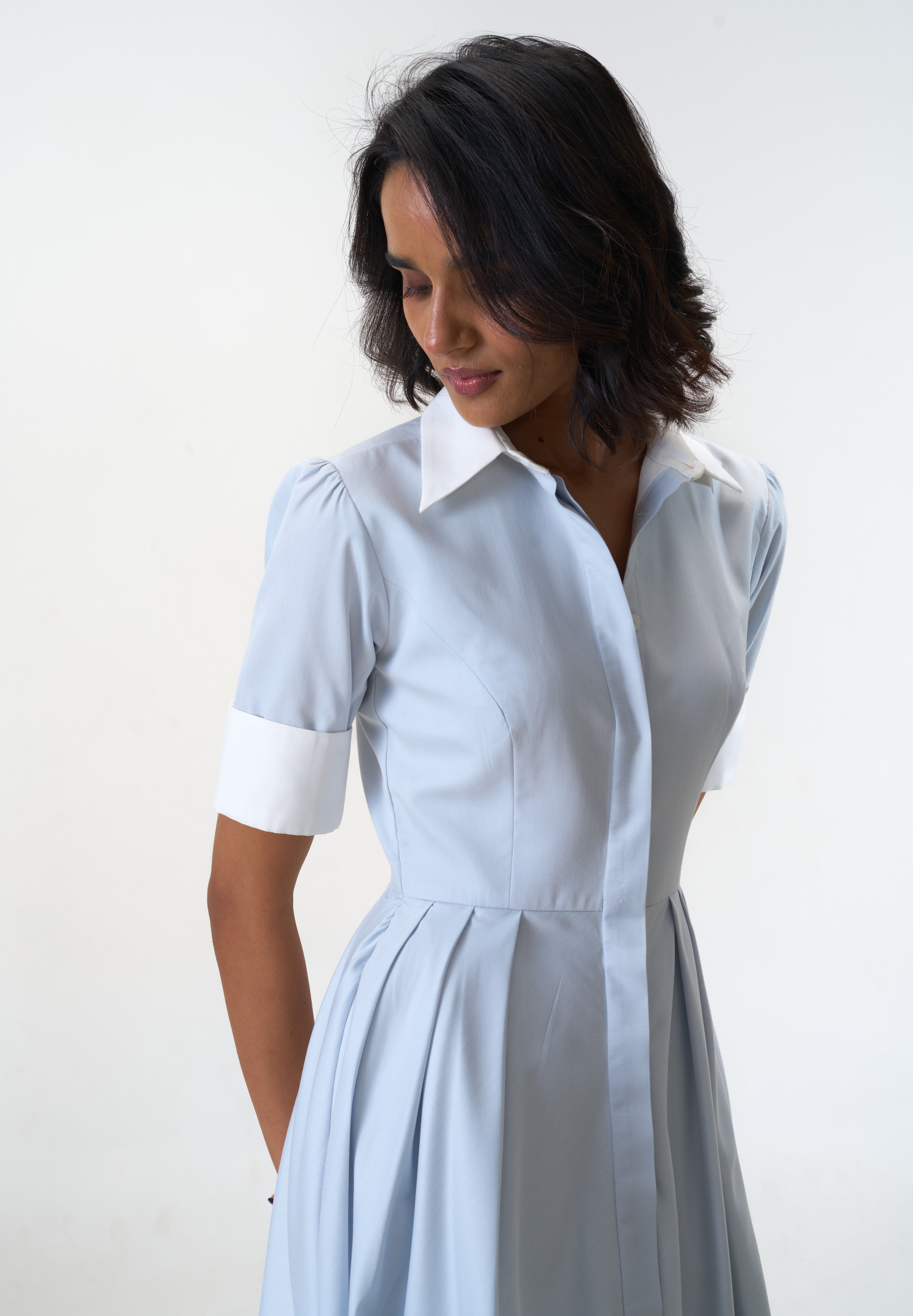 Stella Bluish Grey poplin midi shirt dress by Mazikien, view 13